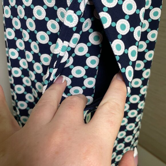 Women's Size 12 Liz Claiborne Navy Teal White Print Sleeveless Dress w/ Pockets - Picture 10 of 11